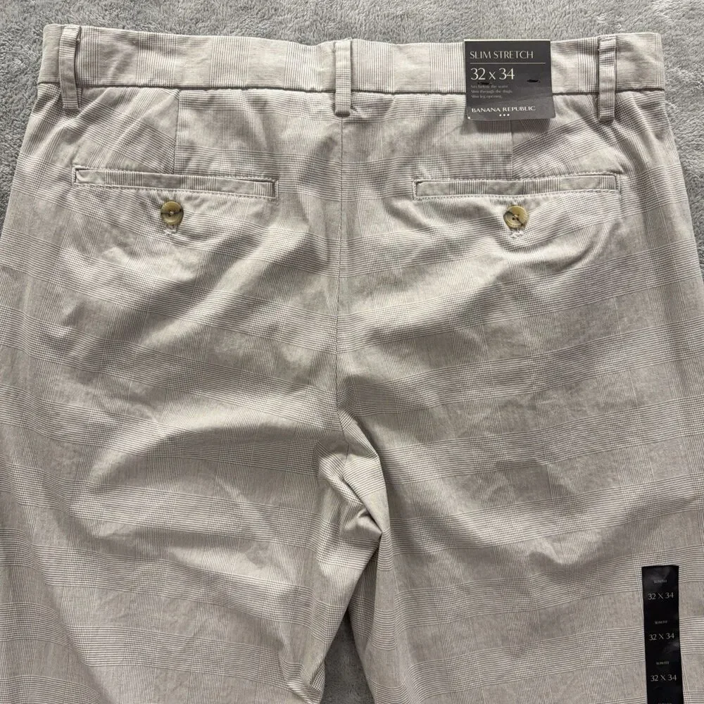 NWT Banana Republic Pants Men 32x34 Grey Plaid Slim Stretch Chino Khaki Golf